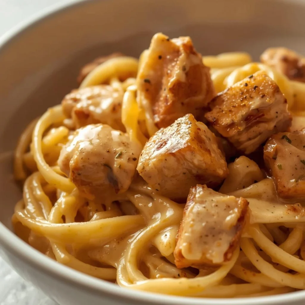 Creamy Chicken Pasta Protein Boosted 45 degree angle creamy pasta with grilled chicken pieces glossy sauce coating warm tones simple bowl soft lighting