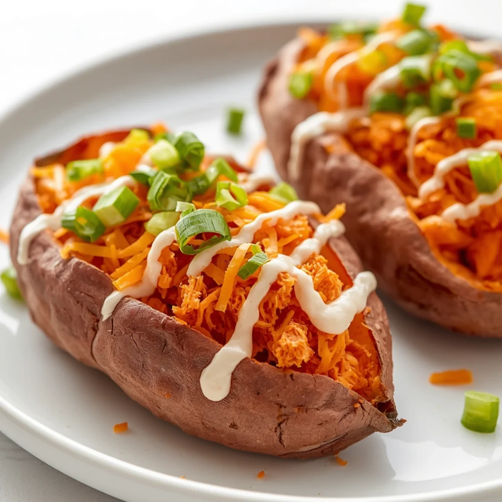Buffalo Chicken Stuffed Sweet Potatoes